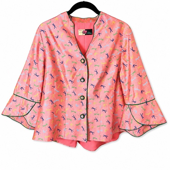 Teal Lotus Jackets & Blazers - Teal Lotus Dragonfly Print Art to Wear Jacket Bell Sleeve‎ Pink Blazer M